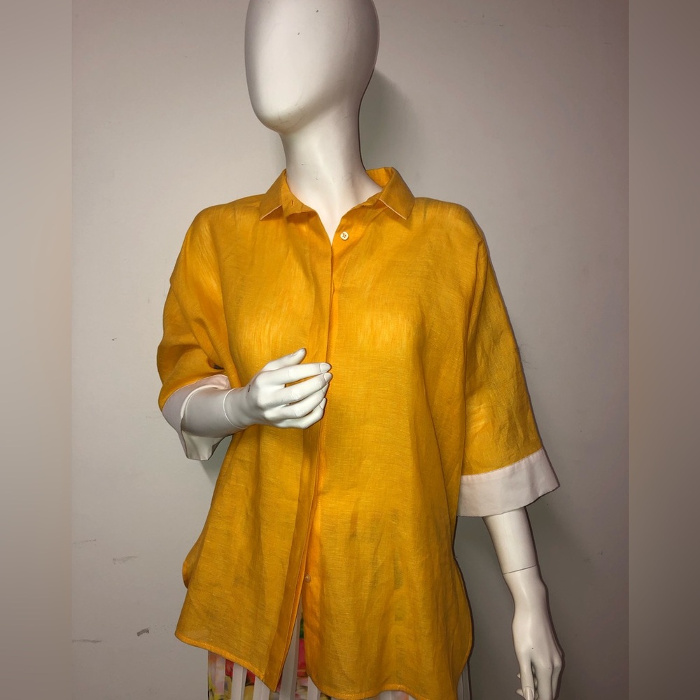 MARGON METAMORFASI two tone linen and taffeta relaxed button down top